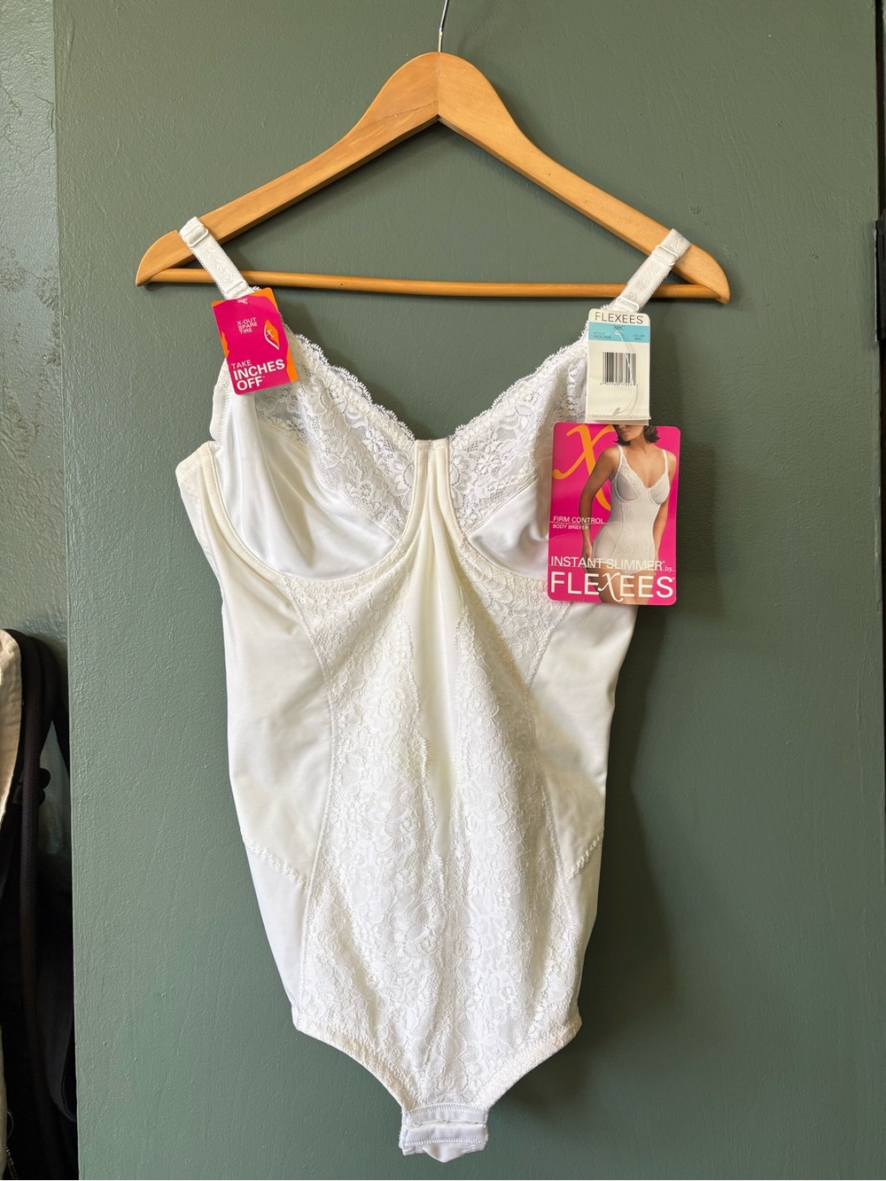 Flexees White Lace-Trim Shaping Bodysuit